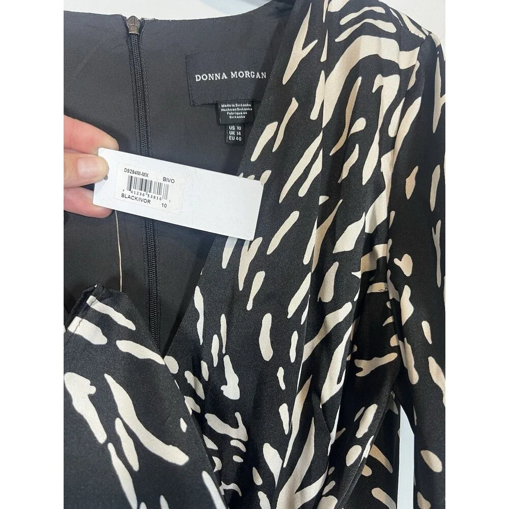 NWT DONNA MORGAN Long Sleeve Wrap Dress Ivory/Black Size 10 - Picture 9 of 11